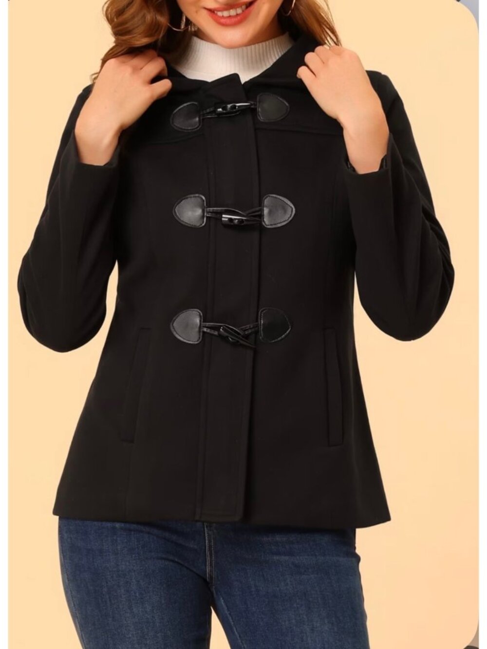 Guess Women Black Wool Blend Toggle Peacoat Duffle Coat Size M